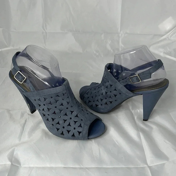 FIONI Corleone Blue Faux Suede Open Toe Slingback Heel Perforated Size 9.5 - Picture 11 of 11